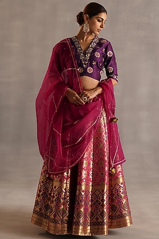 Purple & Pink Ikat Silk Lehenga Set by Begum Pret