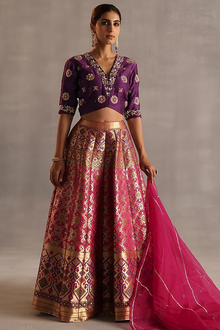 Purple & Pink Ikat Silk Wedding Lehenga Set by Begum Pret at Pernia's Pop Up Shop