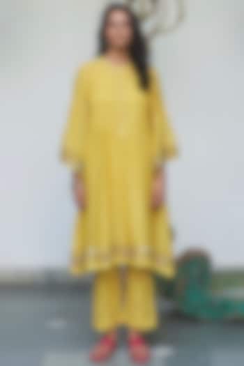 Yellow Embroidered A-Line Kurta Set by Begum Pret