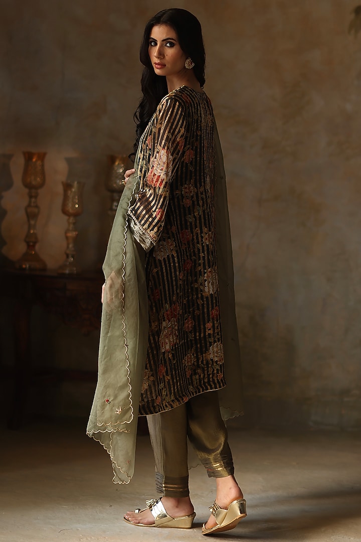 Black Silk Tissue Pearl Asymmetric Kurta Set by Begum Pret at Pernia's Pop Up Shop