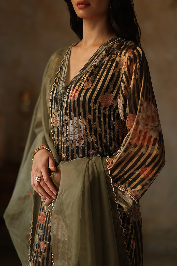 Black Silk Tissue Pearl Asymmetric Kurta Set by Begum Pret at Pernia's Pop Up Shop