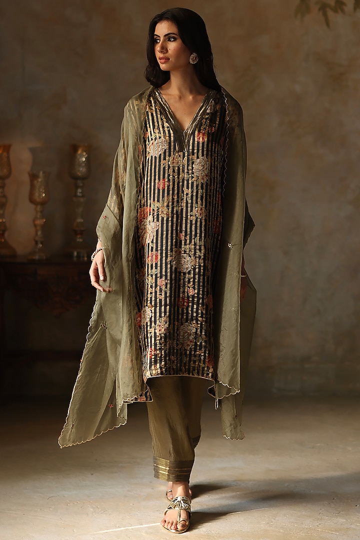 Black Silk Tissue Pearl Asymmetric Kurta Set by Begum Pret at Pernia's Pop Up Shop