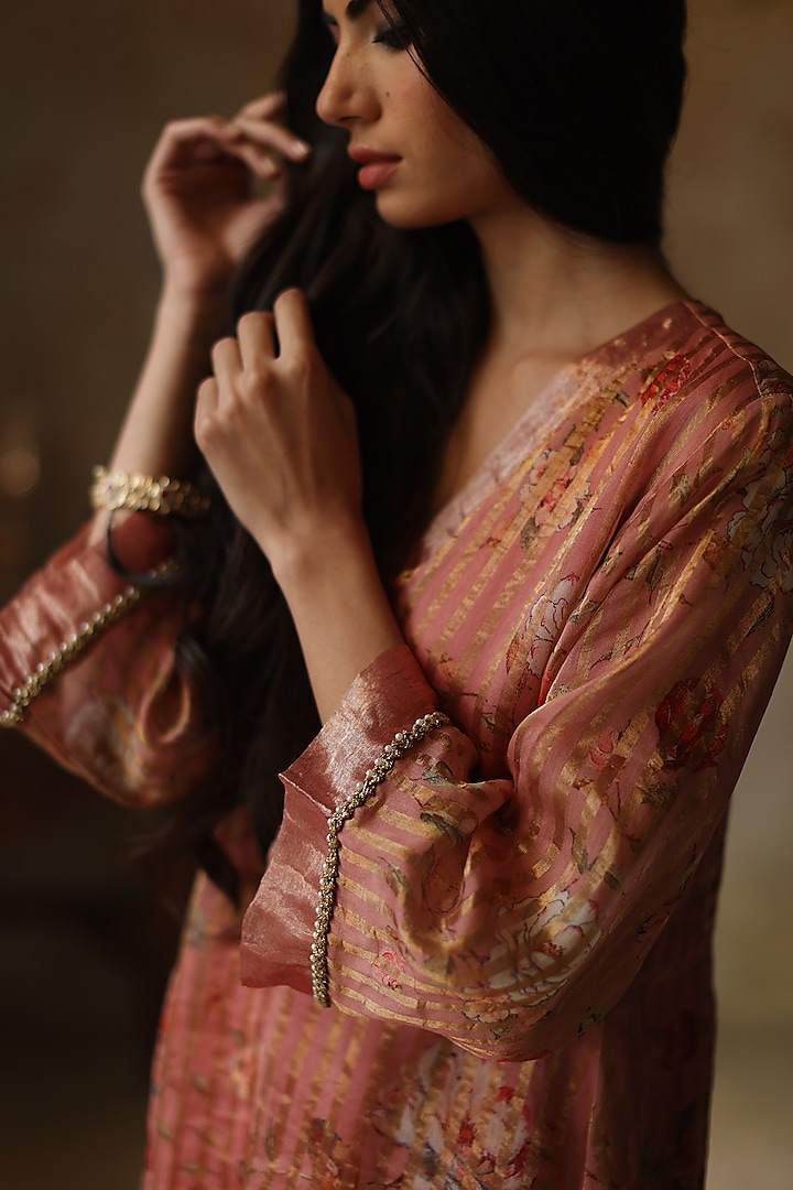 Peach Silk Tissue Pearl Asymmetric Kurta Set by Begum Pret at Pernia's Pop Up Shop