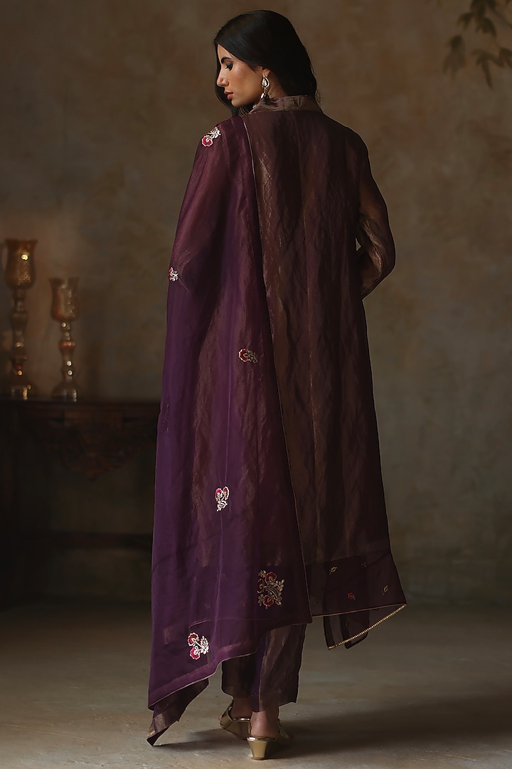 Metallic Purple Silk Tissue Zari Asymmetric Kurta Set by Begum Pret at Pernia's Pop Up Shop