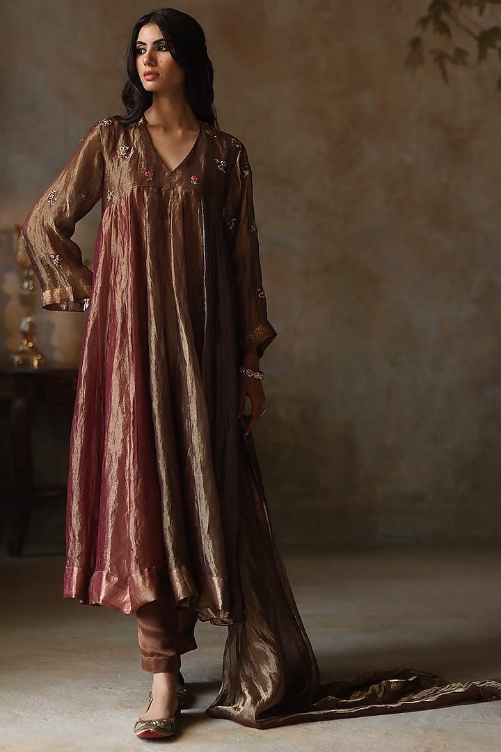 Multi-Colored Silk Tissue Zari Asymmetric Kurta Set by Begum Pret at Pernia's Pop Up Shop