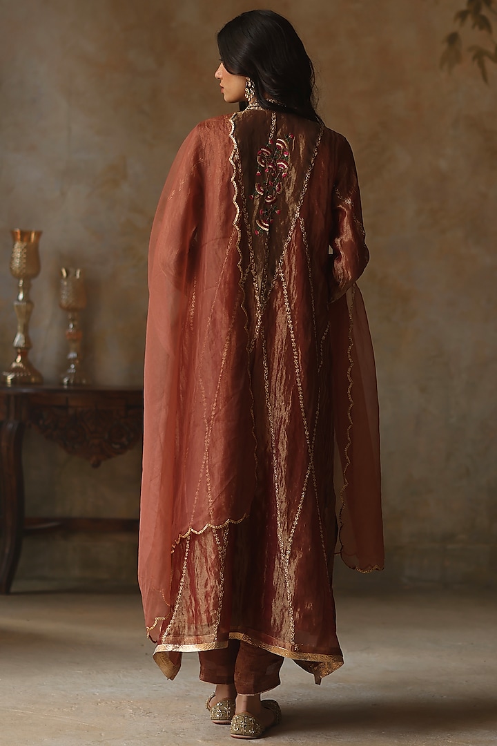 Burnt Orange Silk Tissue Zari Asymmetric Kurta Set by Begum Pret at Pernia's Pop Up Shop