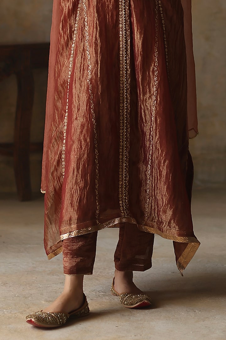 Burnt Orange Silk Tissue Zari Asymmetric Kurta Set by Begum Pret at Pernia's Pop Up Shop