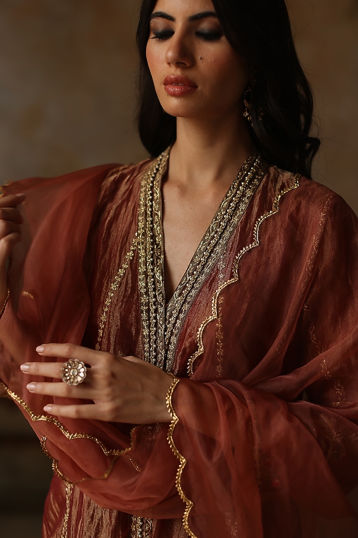 Burnt Orange Silk Tissue Zari Asymmetric Kurta Set by Begum Pret at Pernia's Pop Up Shop