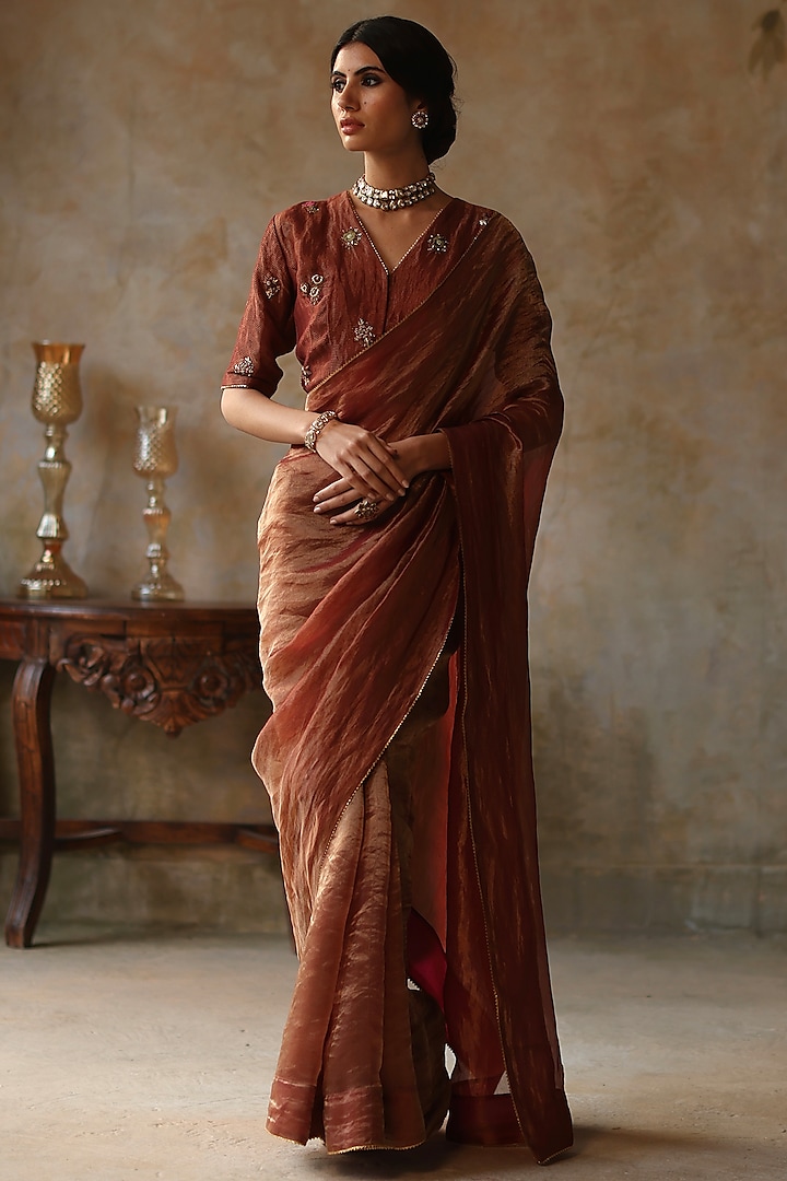 Burnt Orange Silk Tissue Zari Saree Set by Begum Pret