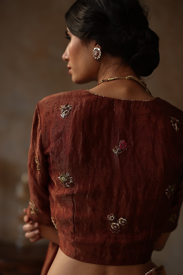 Burnt Orange Silk Tissue Zari Wedding Saree Set by Begum Pret at Pernia's Pop Up Shop