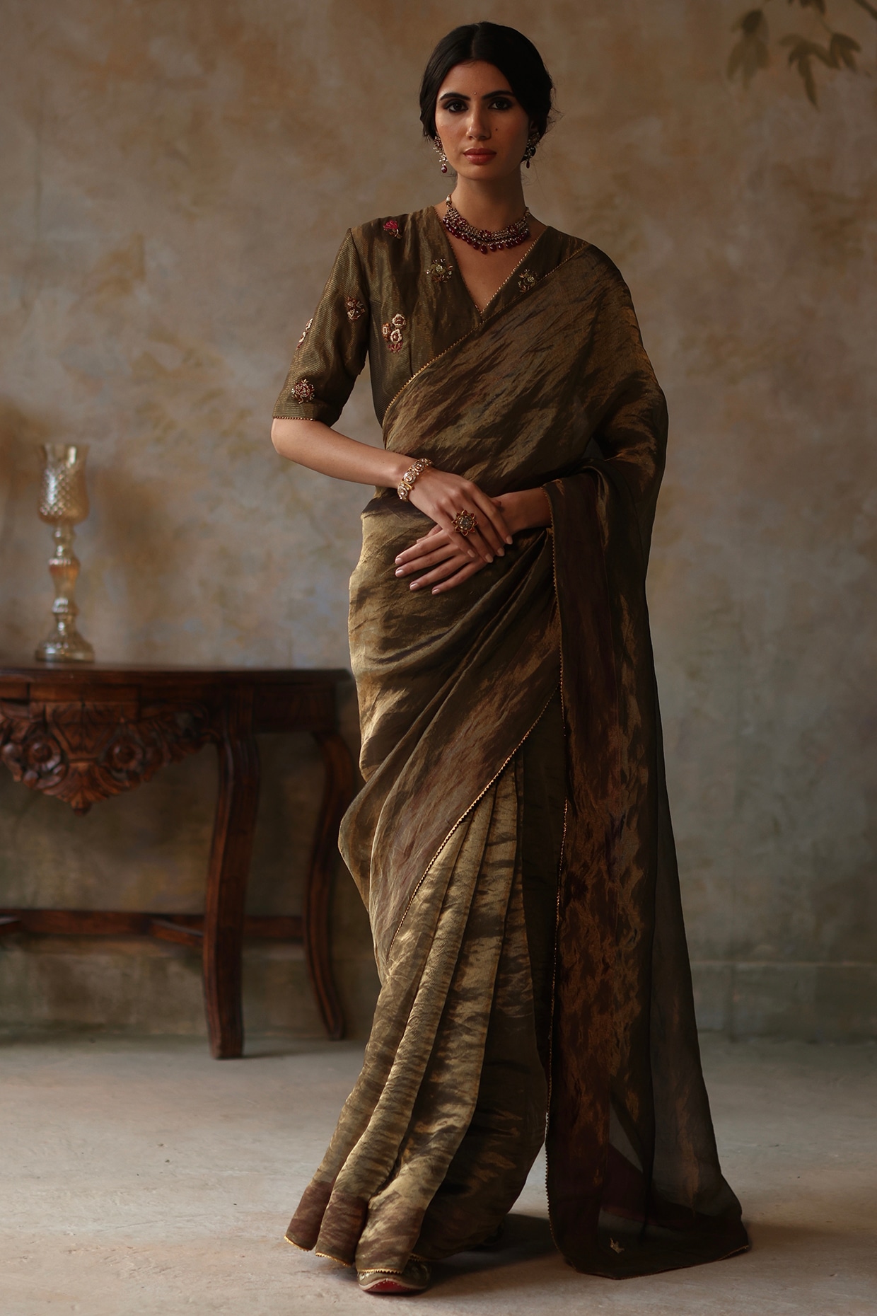 Dark Grey and Brown Classic Kachhi Silk Saree