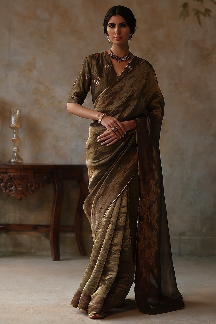 Gold Silk Tissue Zari Saree Set by Begum Pret