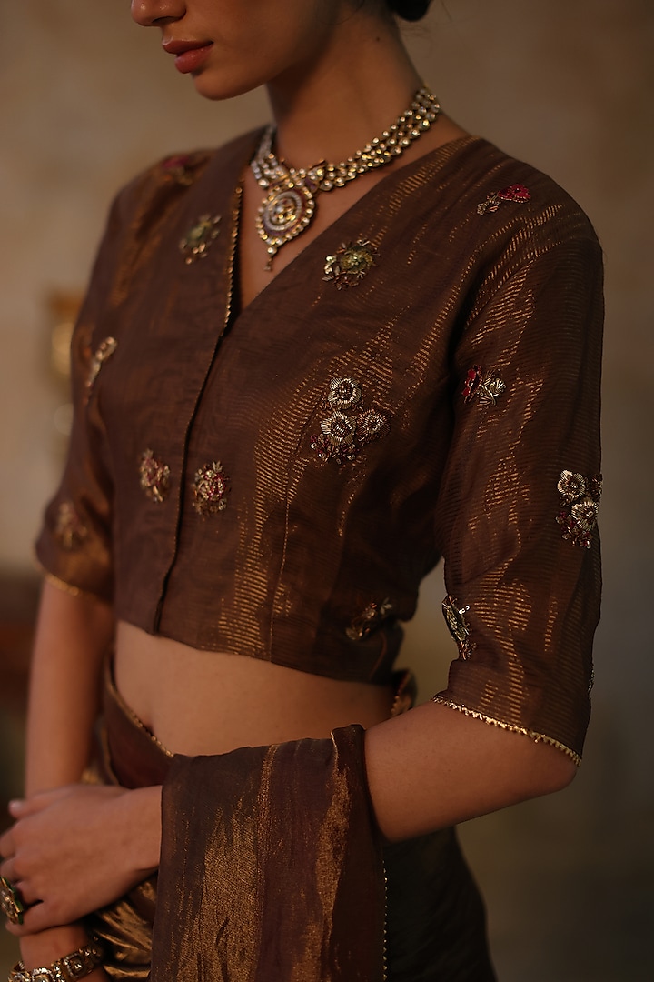 Copper Silk Tissue Zari Wedding Saree Set by Begum Pret at Pernia's Pop Up Shop
