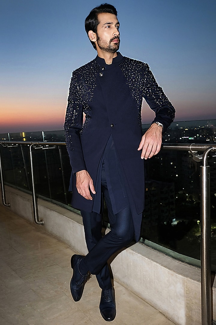 Navy Crepe Metallic Embroidered Structured Handcrafted Sherwani Set by Rohit Gandhi & Rahul Khanna Men