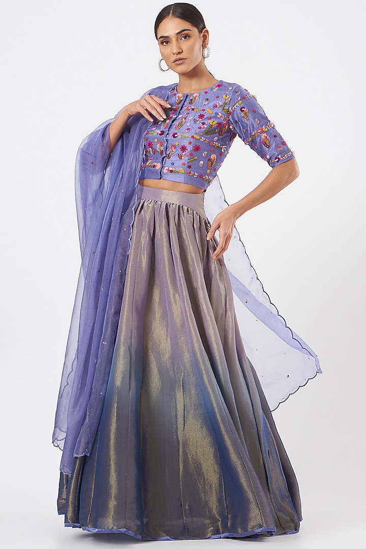 Periwinkle Blue Embroidered Lehenga Set by Begum Pret