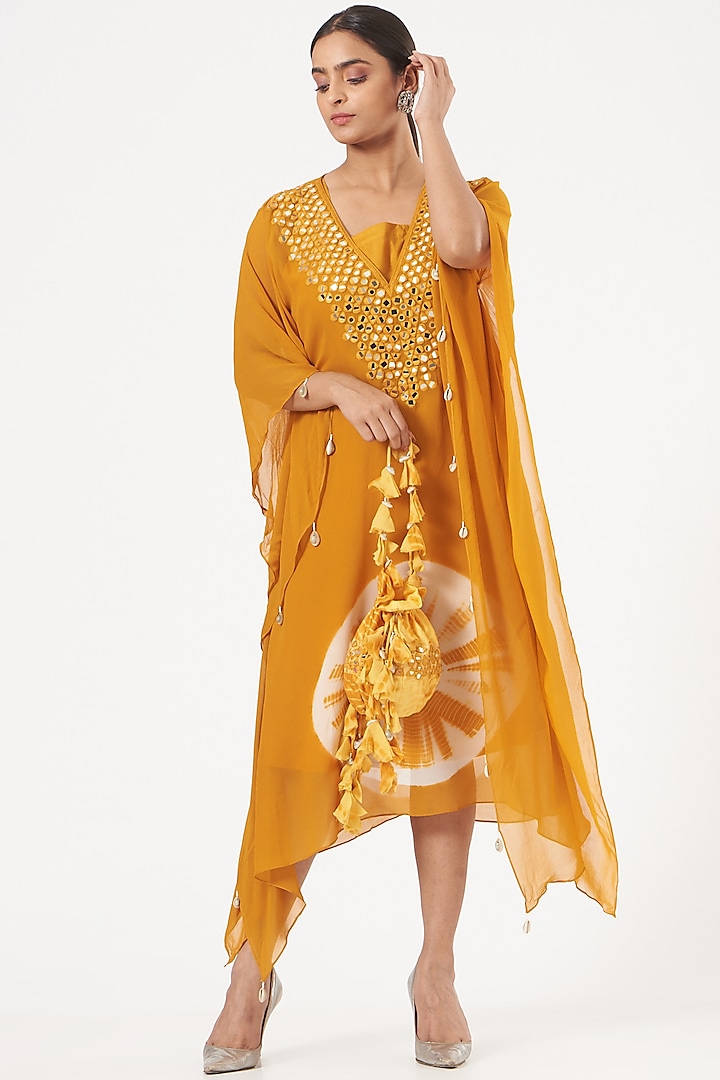 Yellow Embroidered Kaftan by Bharat Adiani