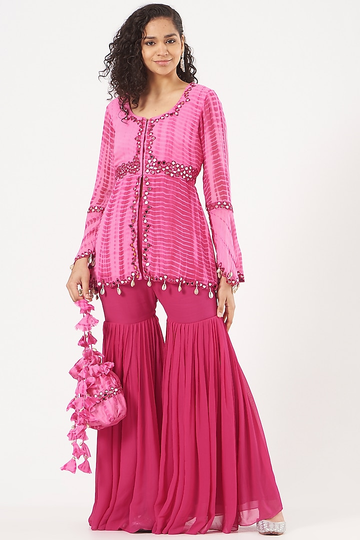Pink Georgette Gharara Set by Bharat Adiani