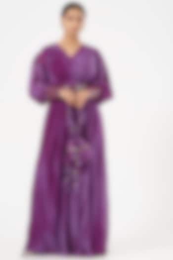 Purple Georgette Gown With Belt by Bharat Adiani