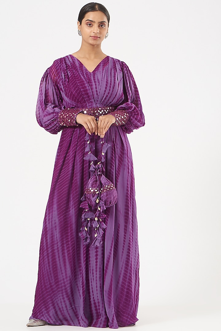 Purple Georgette Gown With Belt by Bharat Adiani