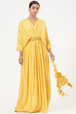 Yellow Crepe Kaftan With Belt by Bharat Adiani