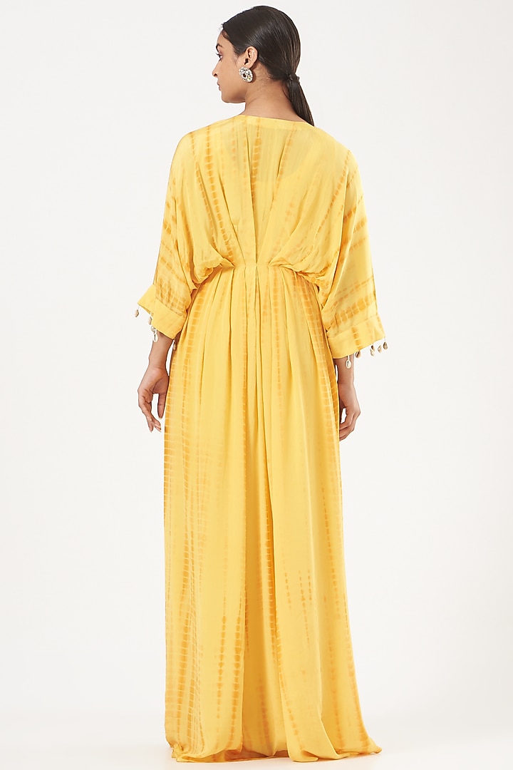 Yellow Crepe Kaftan With Belt by Bharat Adiani at Pernia's Pop Up Shop
