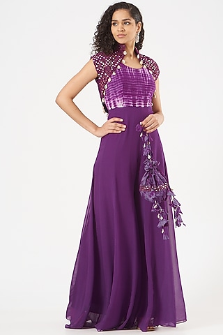 Purple Georgette Jumpsuit With Jacket by Bharat Adiani