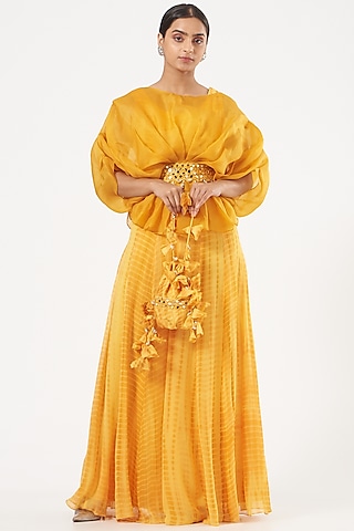 Yellow Georgette Gown With Jacket by Bharat Adiani