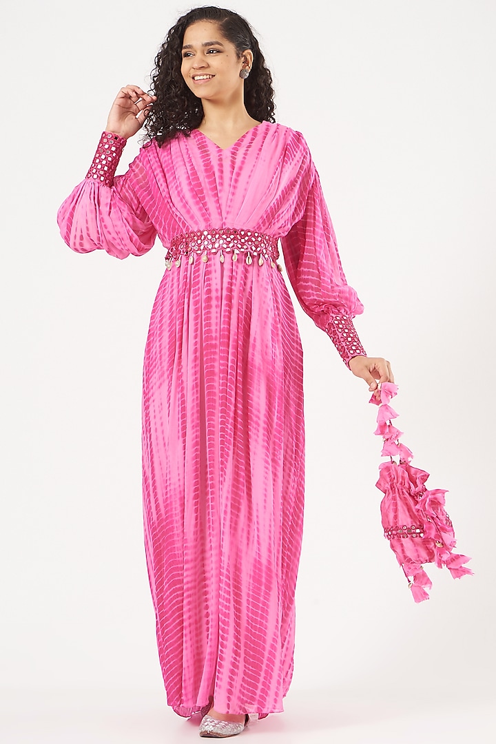 Pink Georgette Gown With Belt by Bharat Adiani