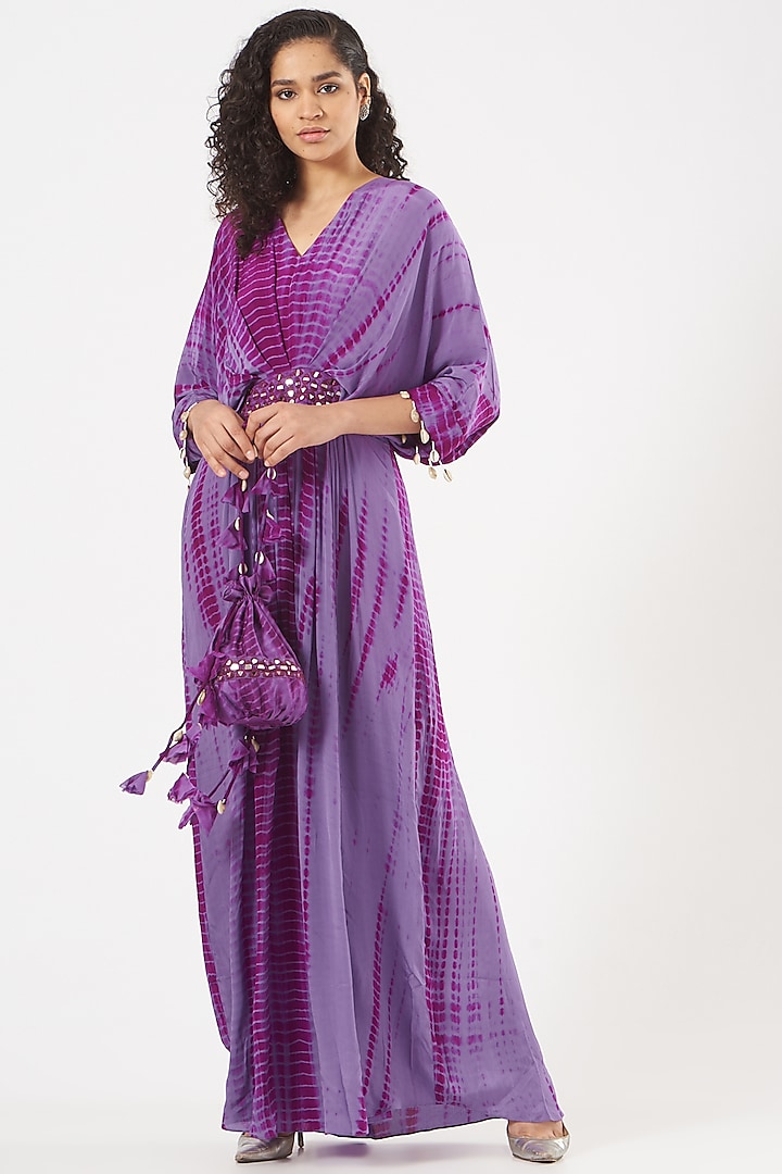 Purple Crepe Kaftan With Belt by Bharat Adiani