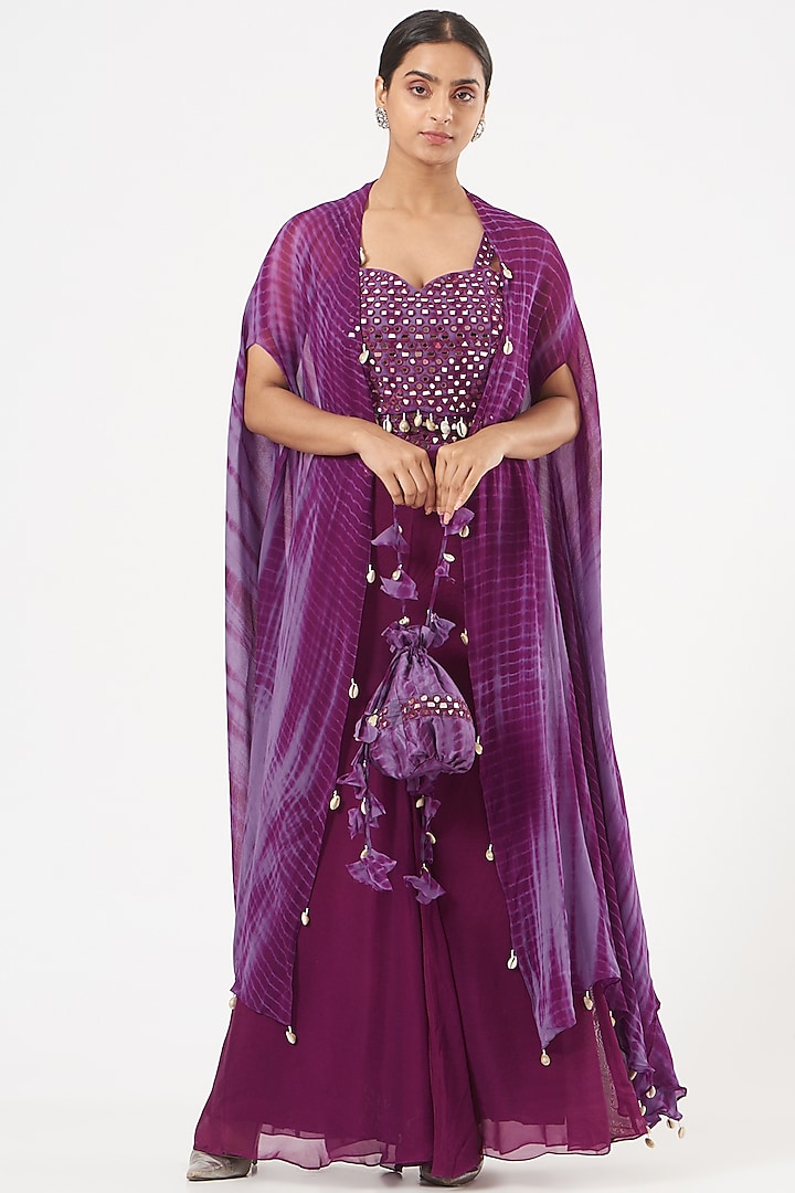 Purple Organza Pant Set With Cape by Bharat Adiani