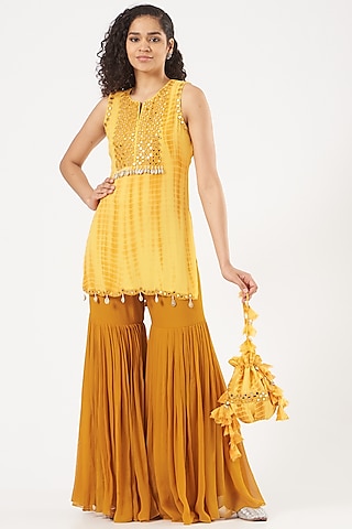Yellow Georgette Gharara Set by Bharat Adiani