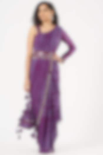 Purple Georgette Draped Saree Set by Bharat Adiani