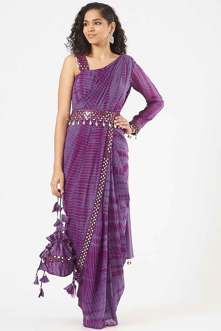 Purple Georgette Draped Saree Set by Bharat Adiani