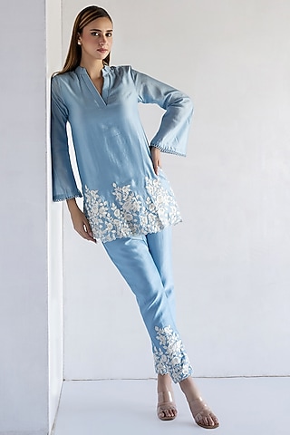 Powder Blue Chanderi Silk Thread Embroidered Co-Ord Set by Bharat Adiani