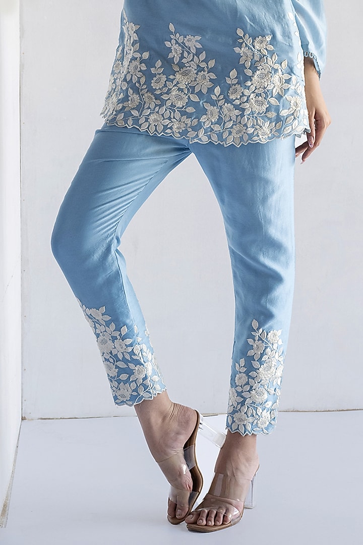 Powder Blue Chanderi Silk Thread Embroidered Co-Ord Set by Bharat Adiani at Pernia's Pop Up Shop