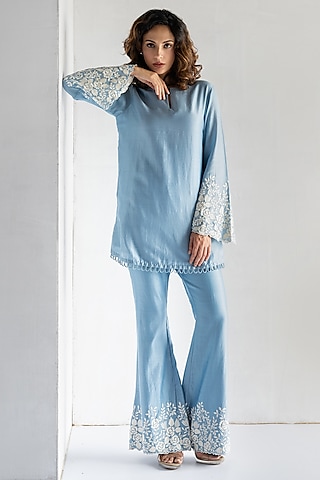 Powder Blue Chanderi Silk Thread Embroidered Co-Ord Set by Bharat Adiani
