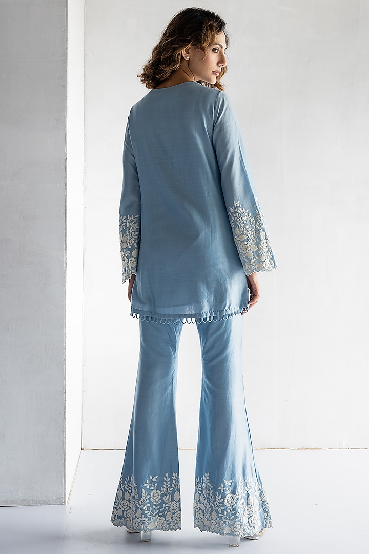 Powder Blue Chanderi Silk Thread Embroidered Co-Ord Set by Bharat Adiani at Pernia's Pop Up Shop