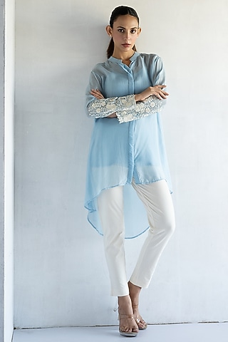 Powder Blue Pure Organza Thread Embroidered Shirt by Bharat Adiani