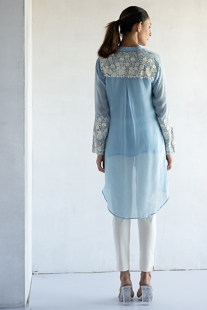 Powder Blue Pure Organza Thread Embroidered Shirt by Bharat Adiani at Pernia's Pop Up Shop
