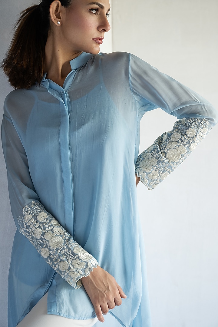 Powder Blue Pure Organza Thread Embroidered Shirt by Bharat Adiani at Pernia's Pop Up Shop
