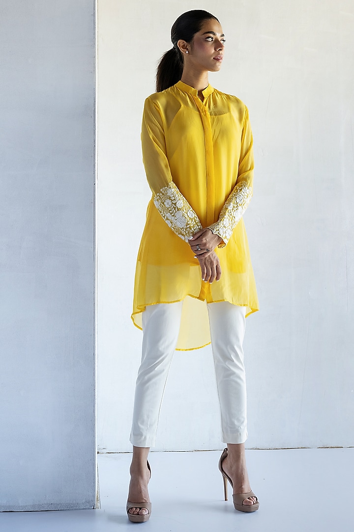 Yellow Pure Organza Thread Embroidered Shirt by Bharat Adiani