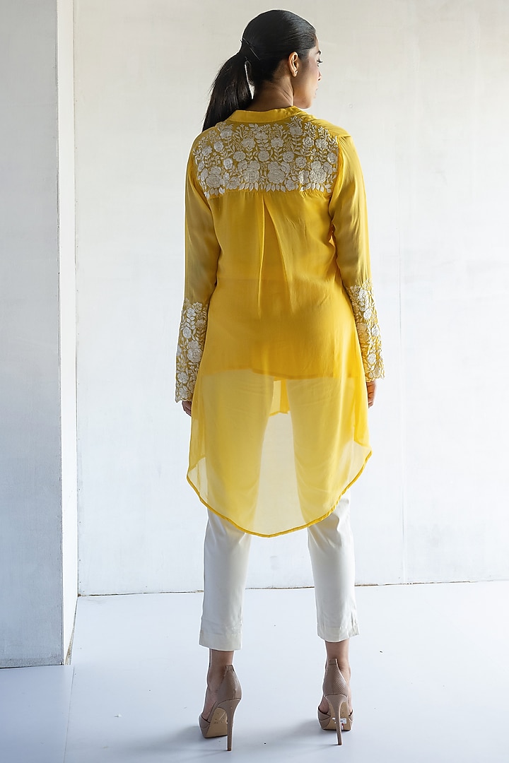 Yellow Pure Organza Thread Embroidered Shirt by Bharat Adiani at Pernia's Pop Up Shop
