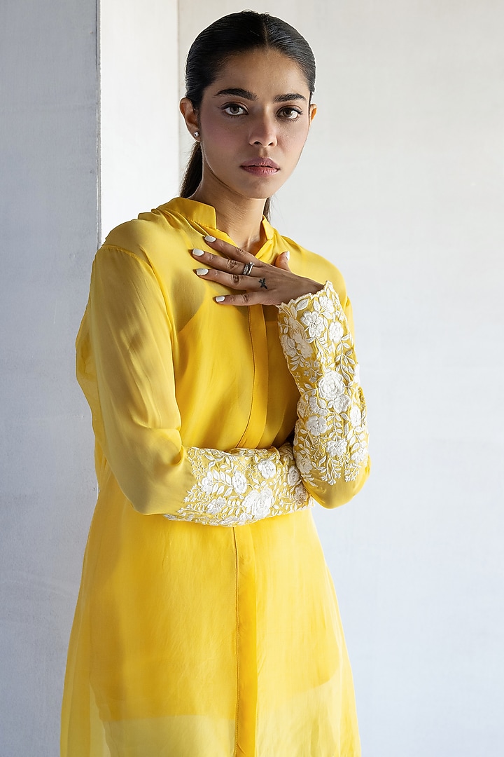 Yellow Pure Organza Thread Embroidered Shirt by Bharat Adiani at Pernia's Pop Up Shop