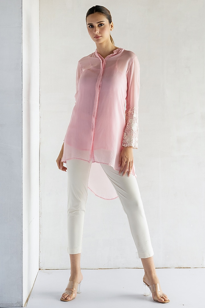 Pink Pure Organza Thread Embroidered Shirt by Bharat Adiani at Pernia's Pop Up Shop