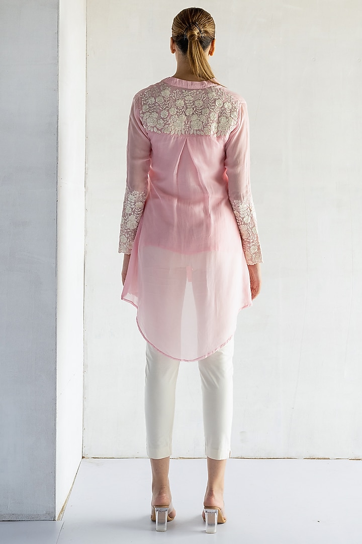 Pink Pure Organza Thread Embroidered Shirt by Bharat Adiani at Pernia's Pop Up Shop