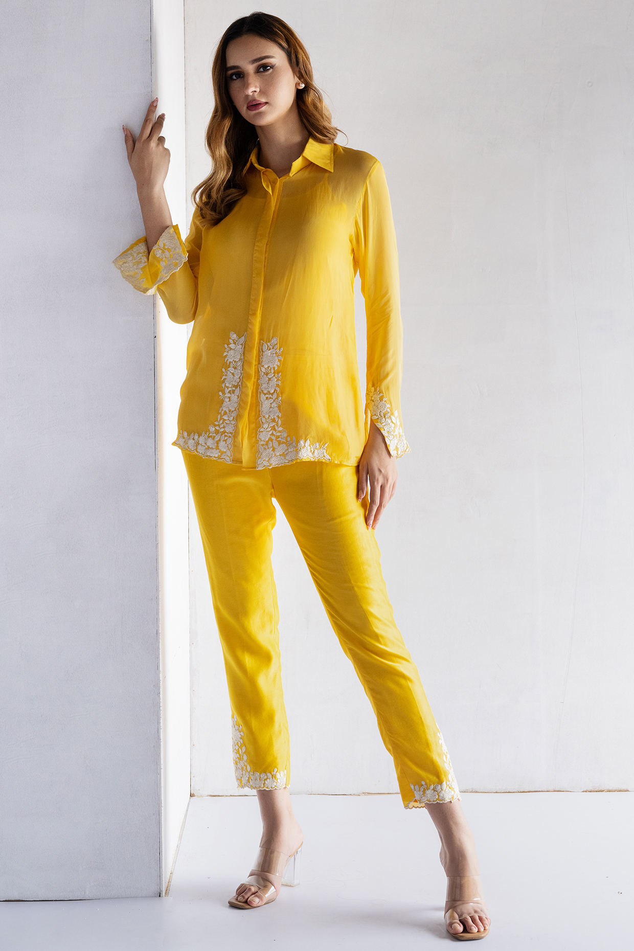 Yellow Pure Organza Thread Embroidered Co-Ord Set by Bharat Adiani at Pernia's Pop Up Shop