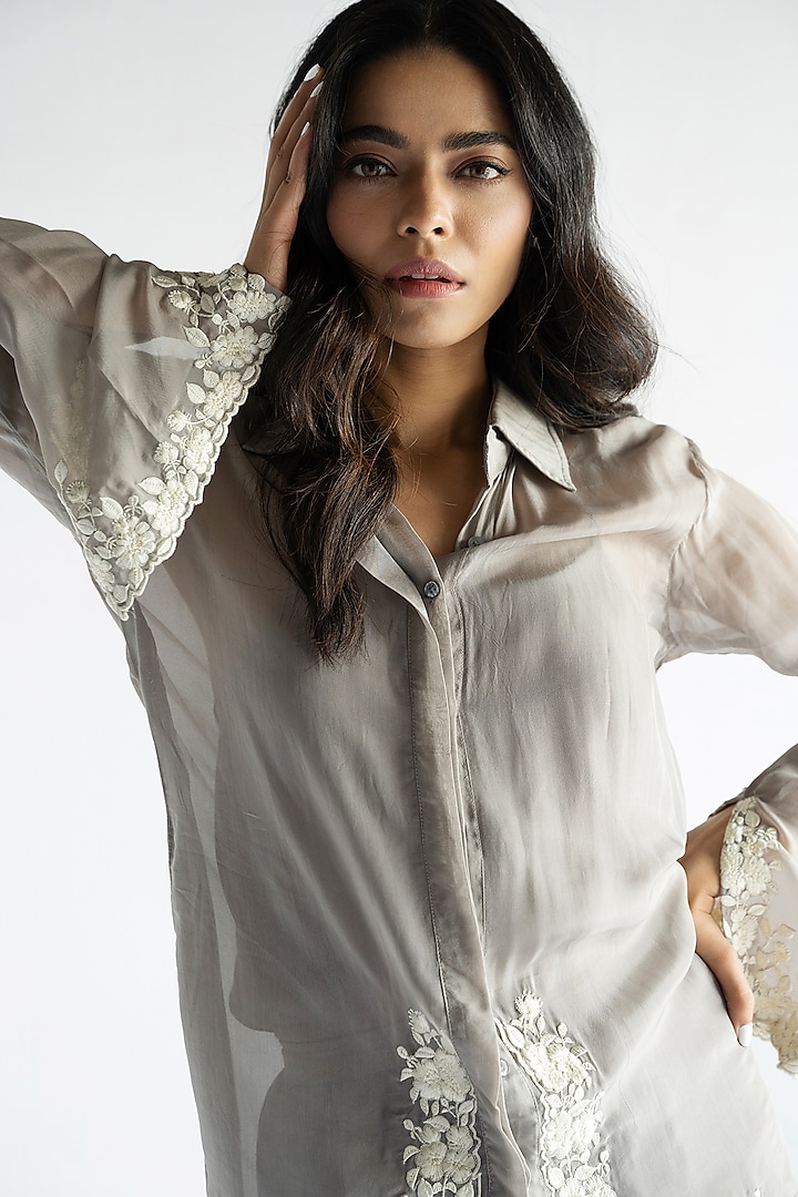 Grey Pure Organza Thread Embroidered Co-Ord Set by Bharat Adiani at Pernia's Pop Up Shop