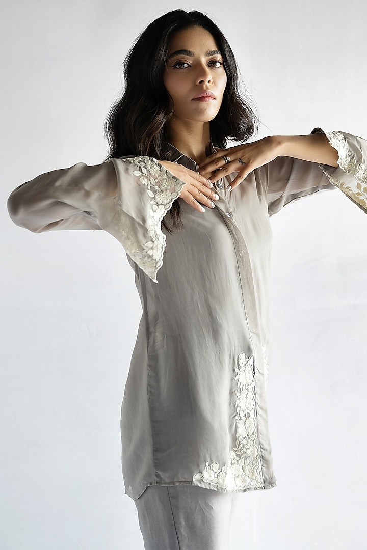 Grey Pure Organza Thread Embroidered Co-Ord Set by Bharat Adiani at Pernia's Pop Up Shop