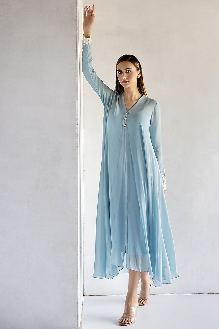 Powder Blue Georgette Thread Embroidered A-Line Dress by Bharat Adiani at Pernia's Pop Up Shop