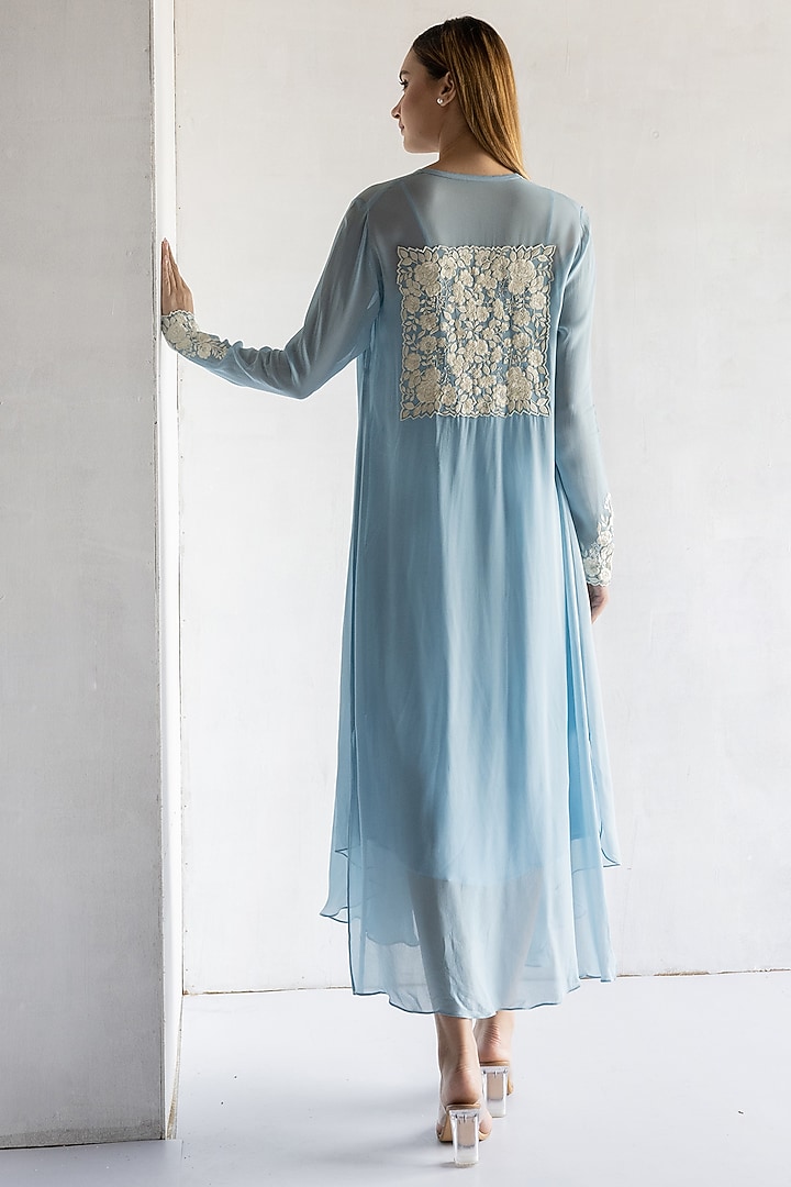 Powder Blue Georgette Thread Embroidered A-Line Summer Dress by Bharat Adiani at Pernia's Pop Up Shop